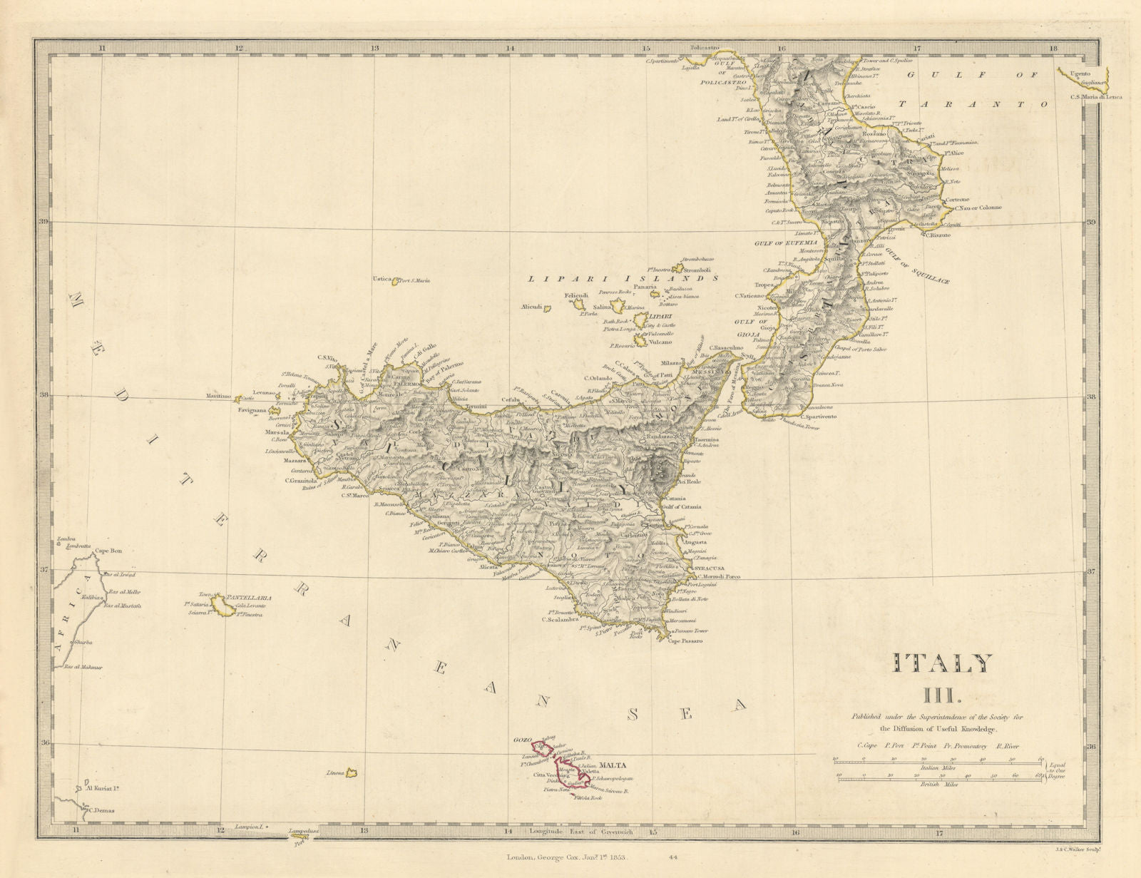 SICILY & CALABRIA. Sicily Malta Gozo. Original outline colour. SDUK 1853 map
